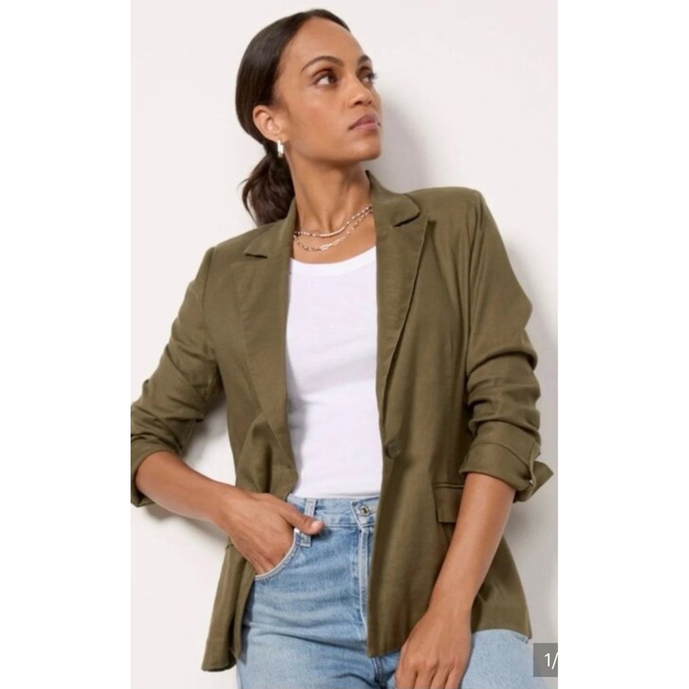 Evereve Perry Olive Green Linen Blend Blazer Small Relaxed Fit Autumn